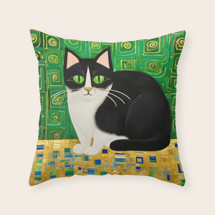Klimt Tuxedo Cat with Green Eyes Throw Pillow Gallery Image 1