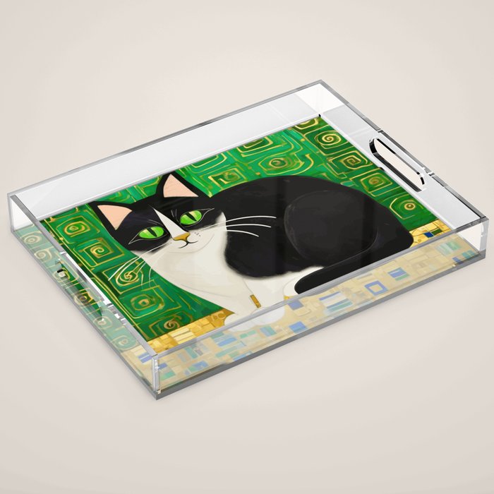 Klimt Tuxedo Cat with Green Eyes Acrylic Tray Gallery Image 1
