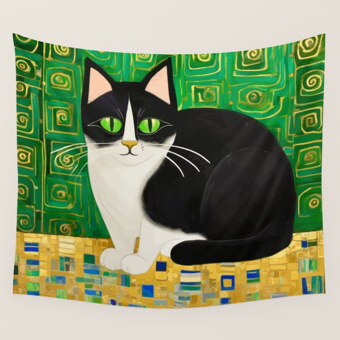 Klimt Tuxedo Cat with Green Eyes Wall Tapestry Gallery Image 4