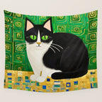 Klimt Tuxedo Cat with Green Eyes Wall Tapestry Gallery Image 4