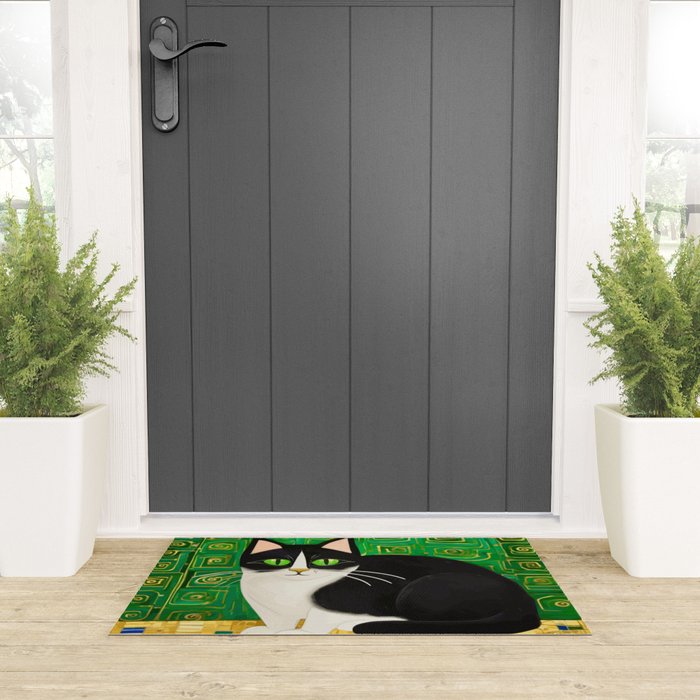 Klimt Tuxedo Cat with Green Eyes Welcome Mat Gallery Image 3