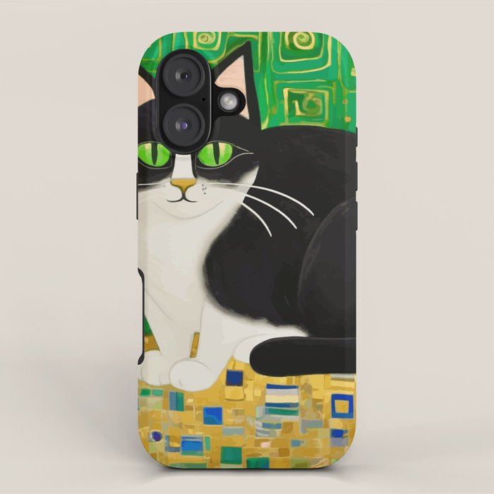 Klimt Tuxedo Cat with Green Eyes iPhone Case Gallery Image 1
