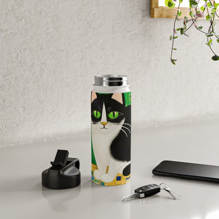Klimt Tuxedo Cat with Green Eyes Water Bottle Gallery Image 4