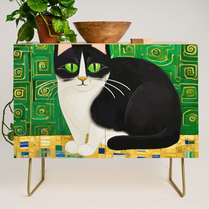 Klimt Tuxedo Cat with Green Eyes Credenza Gallery Image 1