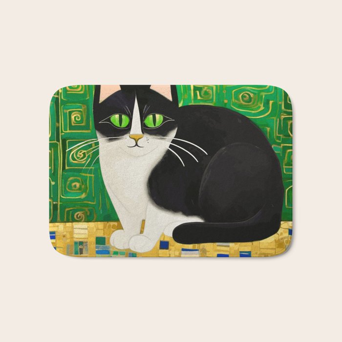 Klimt Tuxedo Cat with Green Eyes Bath Mat Gallery Image 1