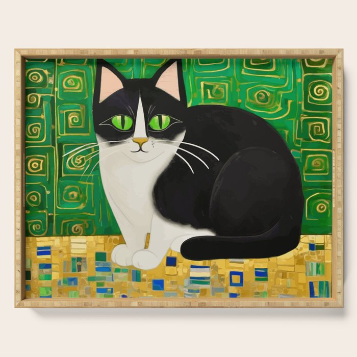 Klimt Tuxedo Cat with Green Eyes Serving Tray Gallery Image 1