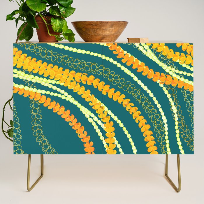 Puakenikeni and Pikake Lei on Teal Credenza Gallery Image 1