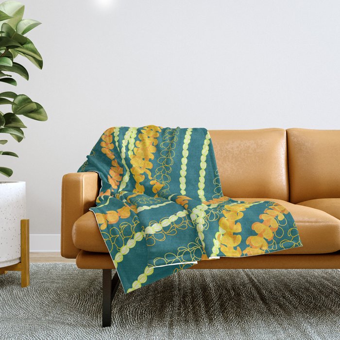 Puakenikeni and Pikake Lei on Teal Throw Blanket Gallery Image 1