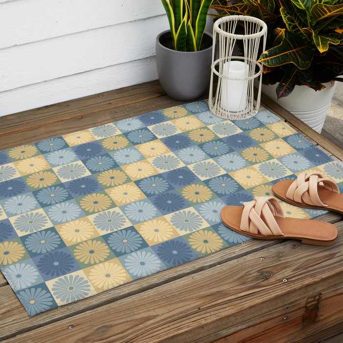 Retro Flowers Check Pattern VII Outdoor Rug Gallery Image 2