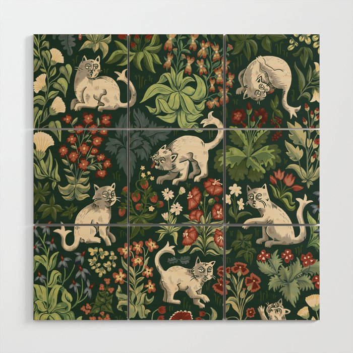 Ugly Medieval Cats Millefleur Wood Wall Art Gallery Image 1