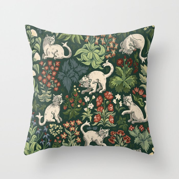 Ugly Medieval Cats Millefleur Throw Pillow Gallery Image 1