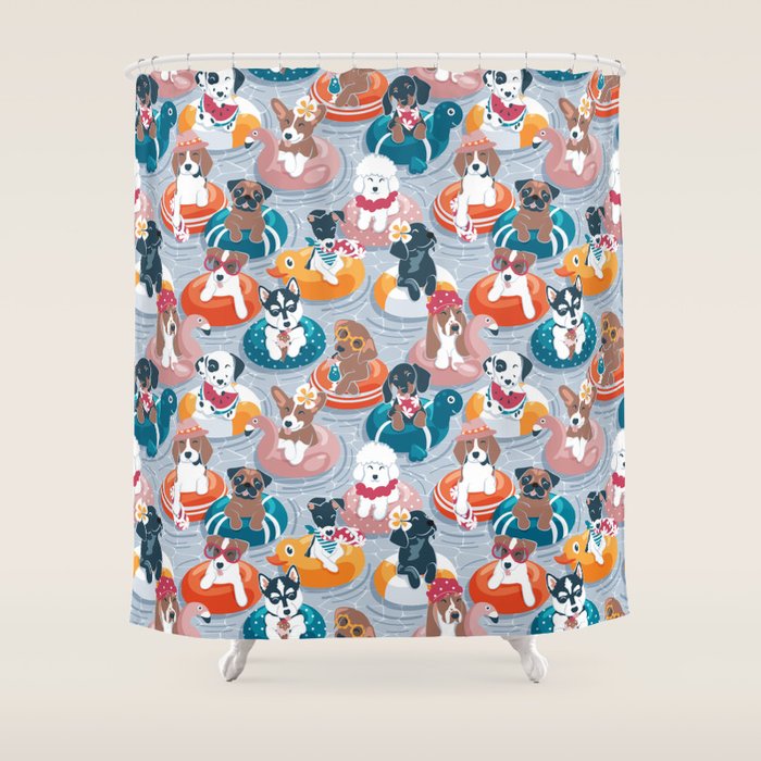 Summer pool pawty // pastel blue background dog breeds in vacations playing on swimming pool floats // Labrador beagle dachshund jack Russell Dalmatian welsh corgi pug greyhound basset hound husky  Shower Curtain Gallery Image 1
