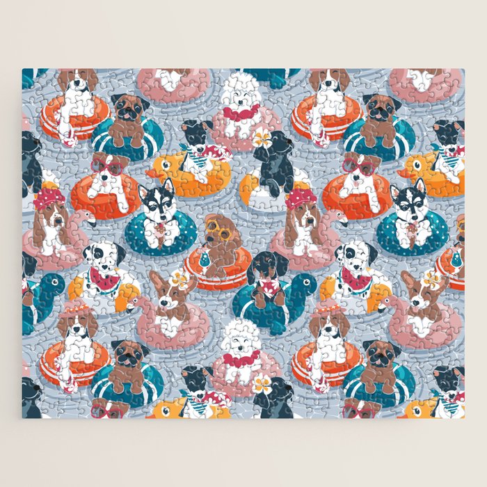 Summer pool pawty // pastel blue background dog breeds in vacations playing on swimming pool floats // Labrador beagle dachshund jack Russell Dalmatian welsh corgi pug greyhound basset hound husky  Jigsaw Puzzle Gallery Image 1