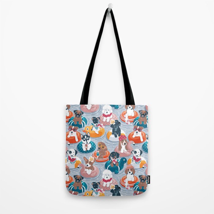 Summer pool pawty // pastel blue background dog breeds in vacations playing on swimming pool floats // Labrador beagle dachshund jack Russell Dalmatian welsh corgi pug greyhound basset hound husky  Tote Bag Gallery Image 2