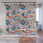 Summer pool pawty // pastel blue background dog breeds in vacations playing on swimming pool floats // Labrador beagle dachshund jack Russell Dalmatian welsh corgi pug greyhound basset hound husky  Wall Mural Gallery Image 1