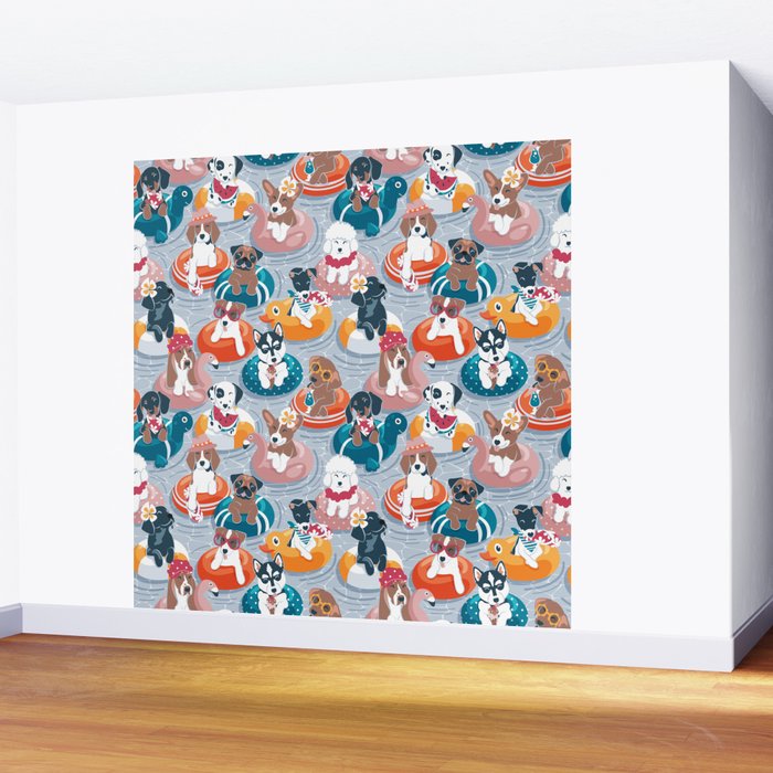 Summer pool pawty // pastel blue background dog breeds in vacations playing on swimming pool floats // Labrador beagle dachshund jack Russell Dalmatian welsh corgi pug greyhound basset hound husky  Wall Mural Gallery Image 2