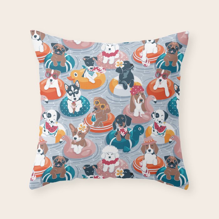 Summer pool pawty // pastel blue background dog breeds in vacations playing on swimming pool floats // Labrador beagle dachshund jack Russell Dalmatian welsh corgi pug greyhound basset hound husky  Throw Pillow Gallery Image 6