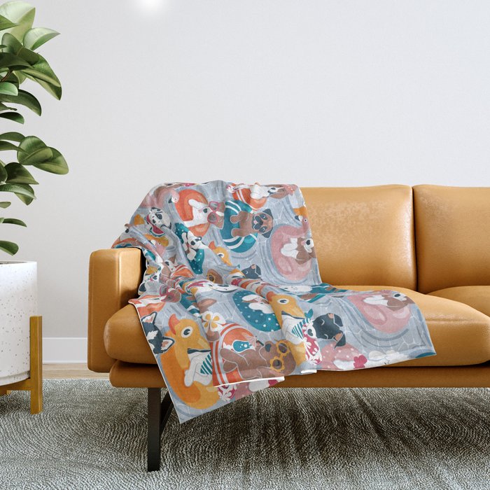 Summer pool pawty // pastel blue background dog breeds in vacations playing on swimming pool floats // Labrador beagle dachshund jack Russell Dalmatian welsh corgi pug greyhound basset hound husky  Throw Blanket Gallery Image 1