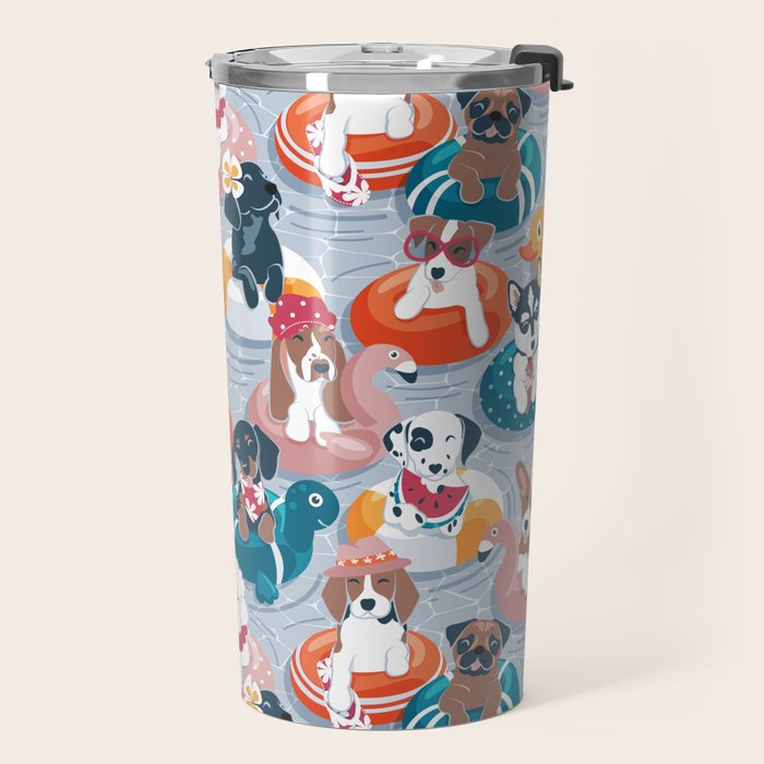 Summer pool pawty // pastel blue background dog breeds in vacations playing on swimming pool floats // Labrador beagle dachshund jack Russell Dalmatian welsh corgi pug greyhound basset hound husky  Travel Mug Gallery Image 2