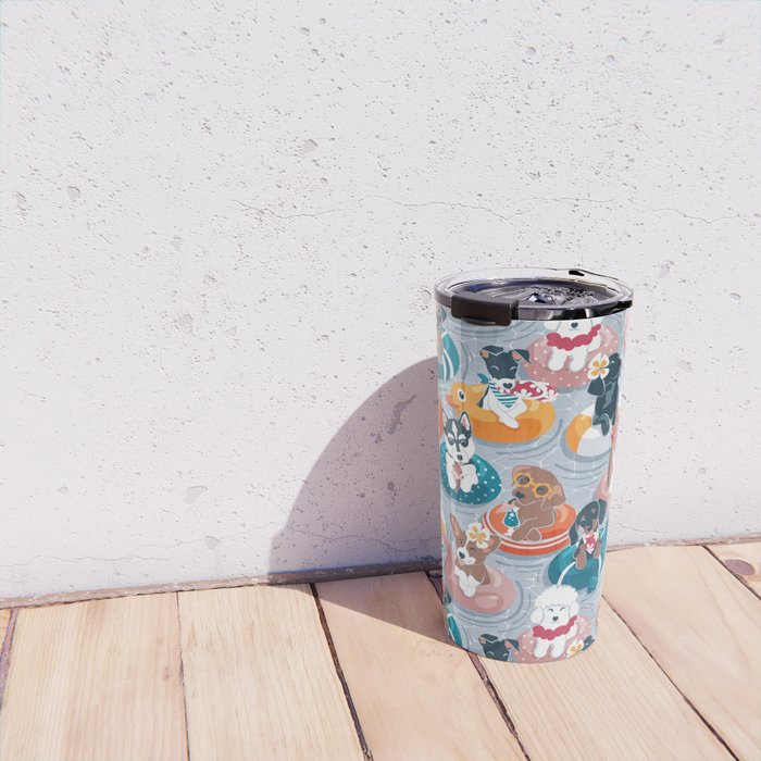 Summer pool pawty // pastel blue background dog breeds in vacations playing on swimming pool floats // Labrador beagle dachshund jack Russell Dalmatian welsh corgi pug greyhound basset hound husky  Travel Mug Gallery Image 4