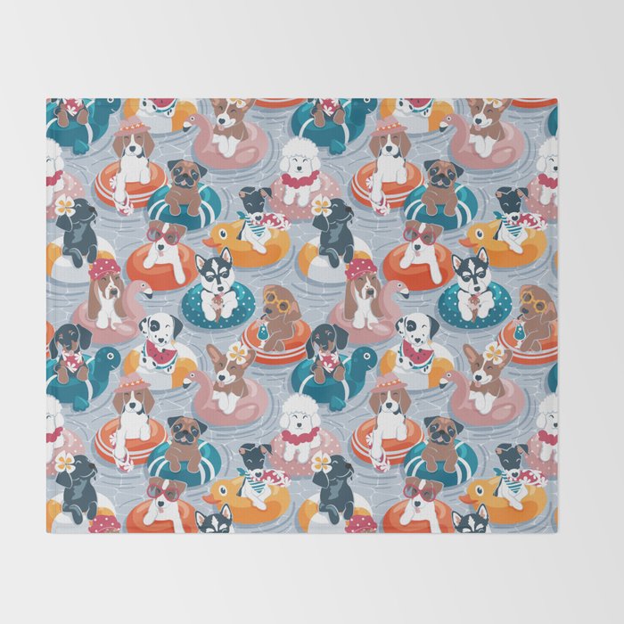 Summer pool pawty // pastel blue background dog breeds in vacations playing on swimming pool floats // Labrador beagle dachshund jack Russell Dalmatian welsh corgi pug greyhound basset hound husky  Throw Blanket Gallery Image 2
