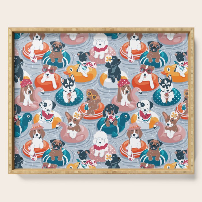 Summer pool pawty // pastel blue background dog breeds in vacations playing on swimming pool floats // Labrador beagle dachshund jack Russell Dalmatian welsh corgi pug greyhound basset hound husky  Serving Tray Gallery Image 1