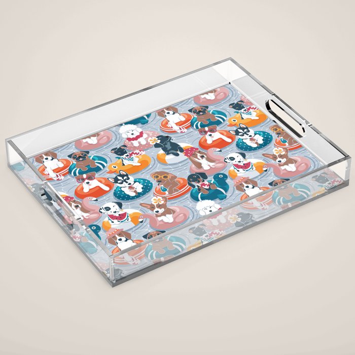 Summer pool pawty // pastel blue background dog breeds in vacations playing on swimming pool floats // Labrador beagle dachshund jack Russell Dalmatian welsh corgi pug greyhound basset hound husky  Acrylic Tray Gallery Image 1