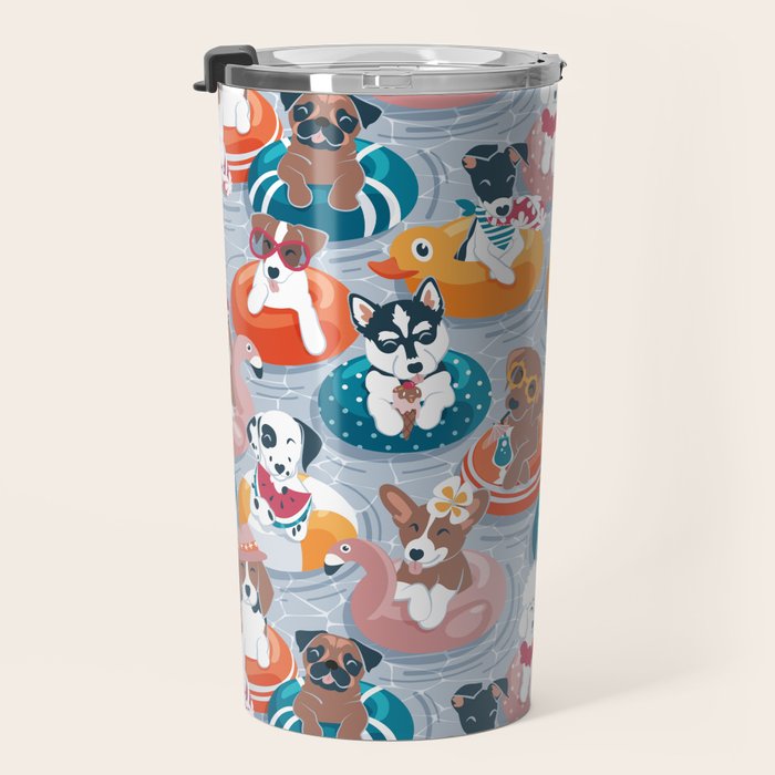 Summer pool pawty // pastel blue background dog breeds in vacations playing on swimming pool floats // Labrador beagle dachshund jack Russell Dalmatian welsh corgi pug greyhound basset hound husky  Travel Mug Gallery Image 3