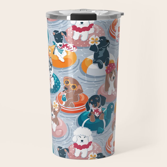 Summer pool pawty // pastel blue background dog breeds in vacations playing on swimming pool floats // Labrador beagle dachshund jack Russell Dalmatian welsh corgi pug greyhound basset hound husky  Travel Mug Gallery Image 1