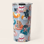 Summer pool pawty // pastel blue background dog breeds in vacations playing on swimming pool floats // Labrador beagle dachshund jack Russell Dalmatian welsh corgi pug greyhound basset hound husky  Travel Mug Gallery Image 1