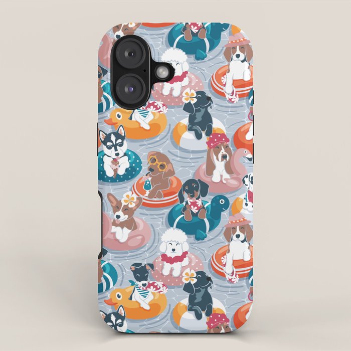 Summer pool pawty // pastel blue background dog breeds in vacations playing on swimming pool floats // Labrador beagle dachshund jack Russell Dalmatian welsh corgi pug greyhound basset hound husky  iPhone Case