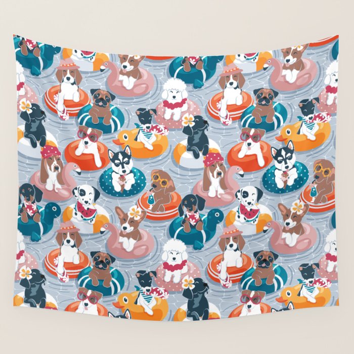 Summer pool pawty // pastel blue background dog breeds in vacations playing on swimming pool floats // Labrador beagle dachshund jack Russell Dalmatian welsh corgi pug greyhound basset hound husky  Wall Tapestry Gallery Image 4