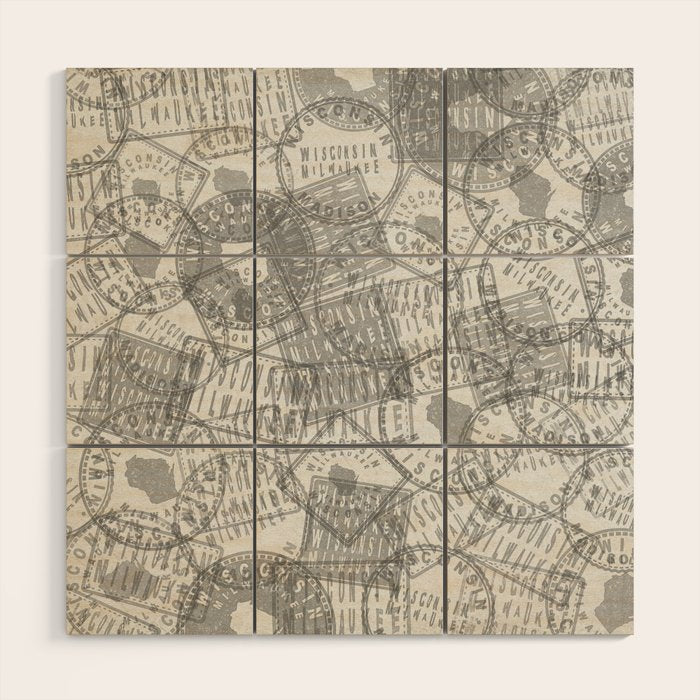Vintage Wisconsin Milwaukee Travel Stamp Pattern Wood Wall Art Gallery Image 1