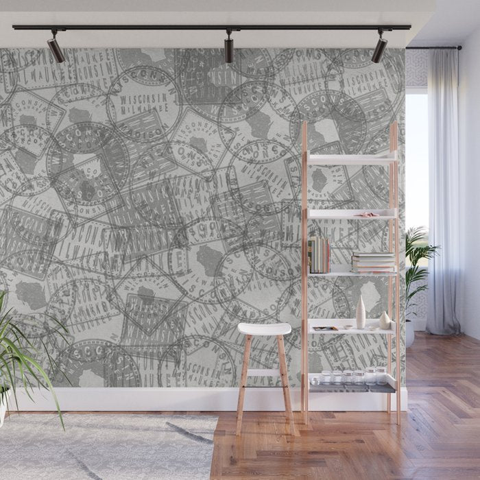 Vintage Wisconsin Milwaukee Travel Stamp Pattern Wall Mural Gallery Image 1