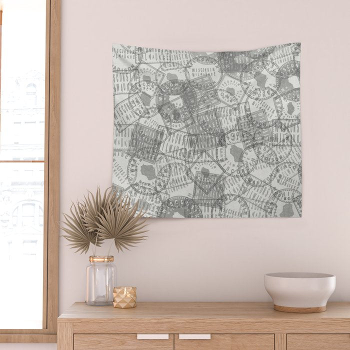 Vintage Wisconsin Milwaukee Travel Stamp Pattern Wall Tapestry Gallery Image 2
