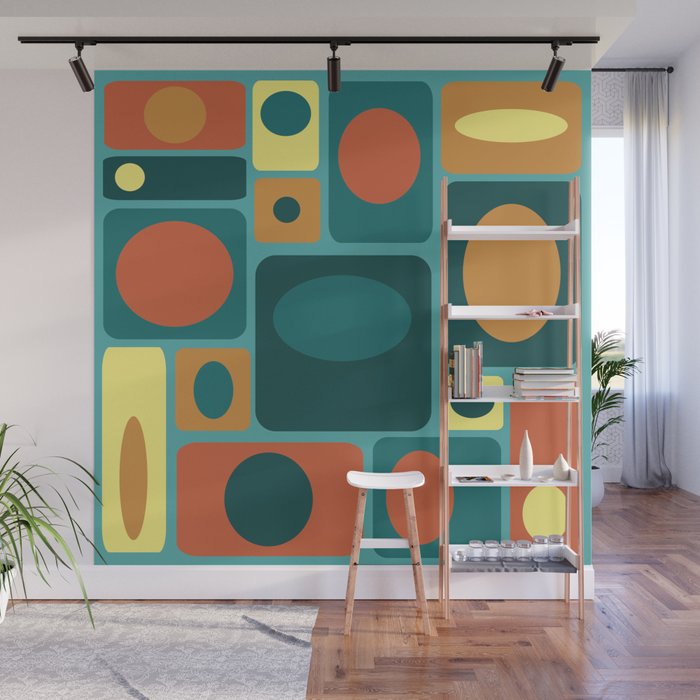 Mid Century Modern Turquoise Rectangles Wall Mural Gallery Image 1