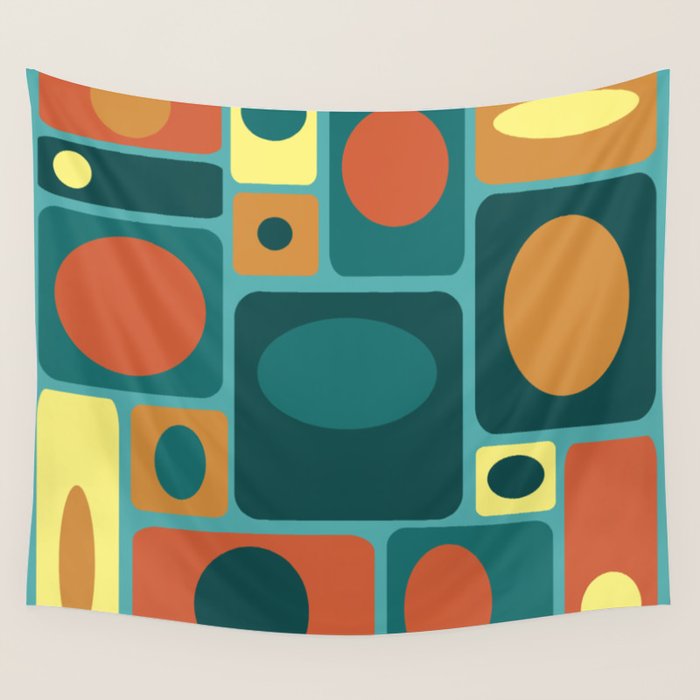 Mid Century Modern Turquoise Rectangles Wall Tapestry Gallery Image 1