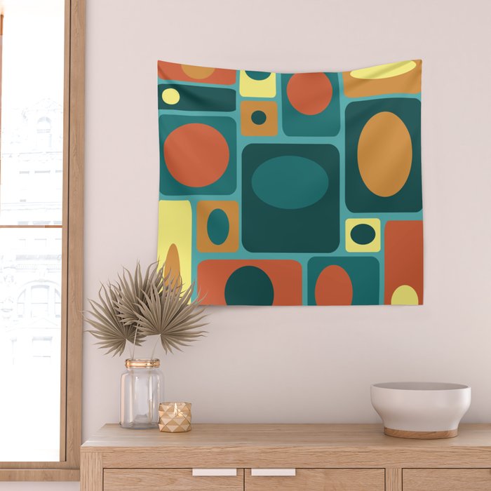 Mid Century Modern Turquoise Rectangles Wall Tapestry Gallery Image 2