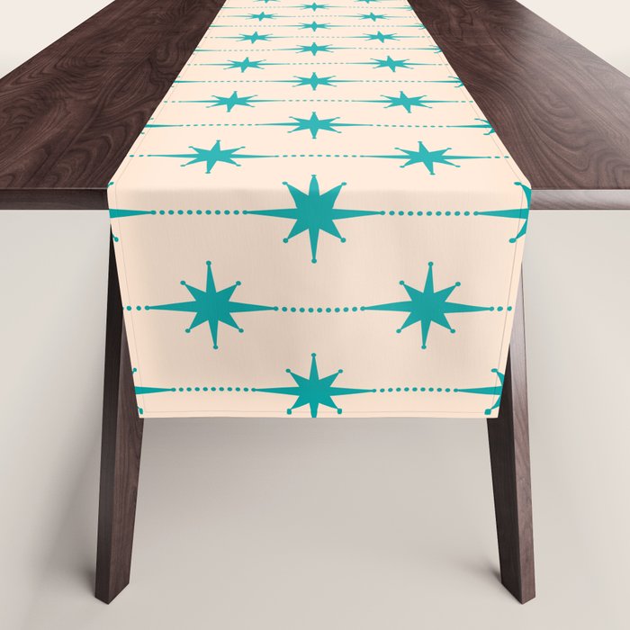 Midcentury Stars and Dots Pattern in Turquoise Teal and Cream Table Runner Gallery Image 1