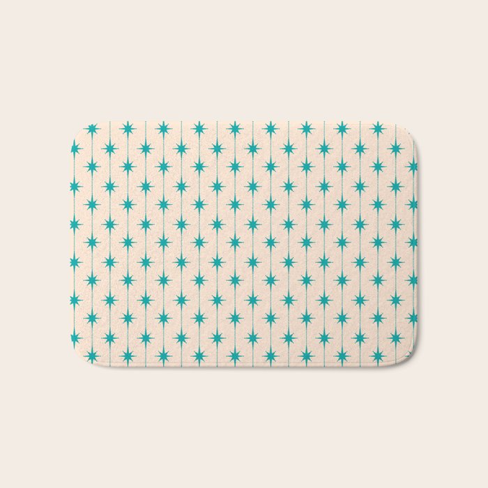 Midcentury Stars and Dots Pattern in Turquoise Teal and Cream Bath Mat Gallery Image 1