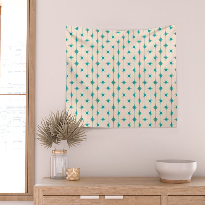 Midcentury Stars and Dots Pattern in Turquoise Teal and Cream Wall Tapestry Gallery Image 2