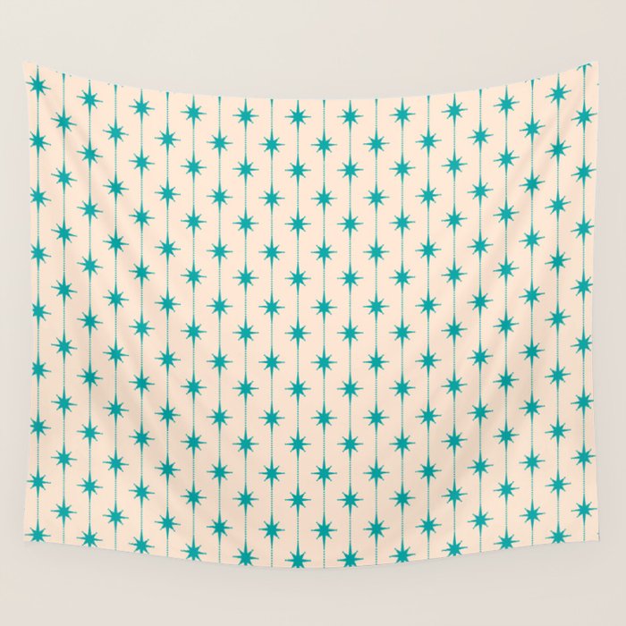 Midcentury Stars and Dots Pattern in Turquoise Teal and Cream Wall Tapestry Gallery Image 4