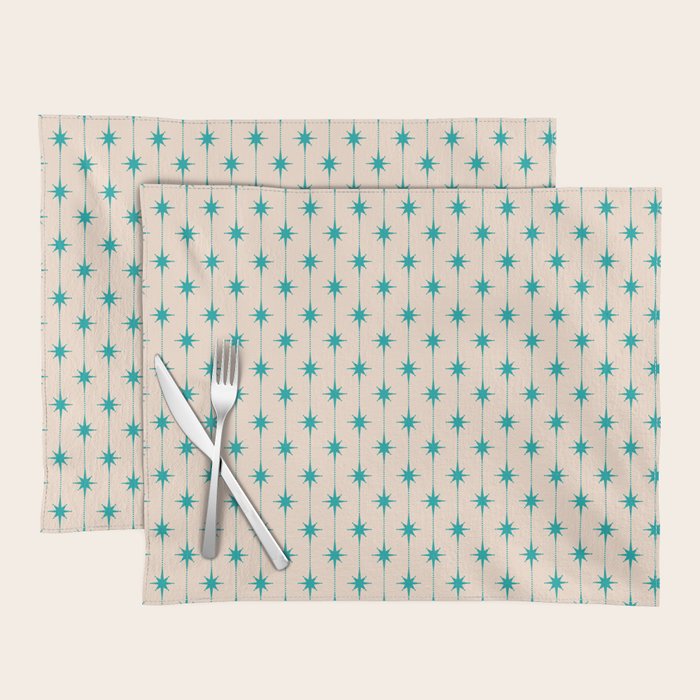 Midcentury Stars and Dots Pattern in Turquoise Teal and Cream Placemat Gallery Image 1