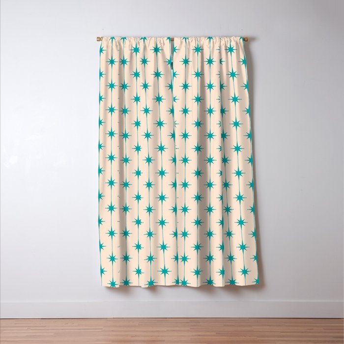 Midcentury Stars and Dots Pattern in Turquoise Teal and Cream Window Curtain Gallery Image 3