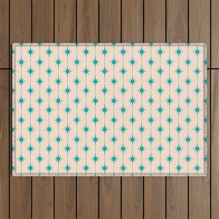 Midcentury Stars and Dots Pattern in Turquoise Teal and Cream Outdoor Rug Gallery Image 1