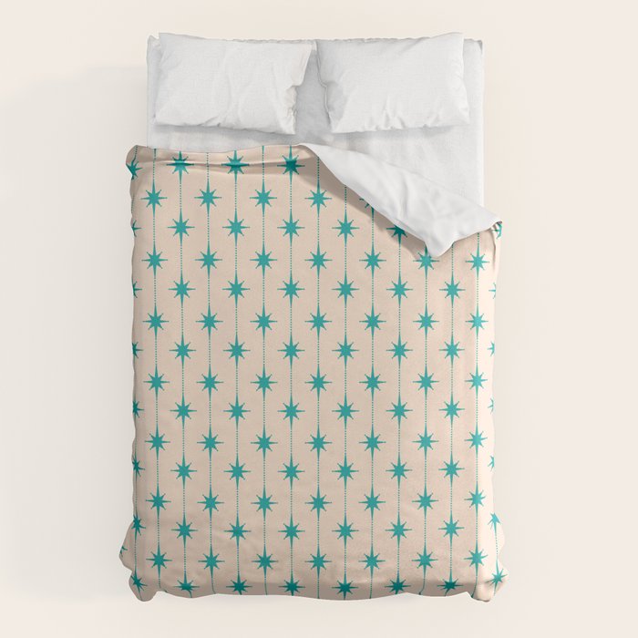 Midcentury Stars and Dots Pattern in Turquoise Teal and Cream Duvet Cover Gallery Image 1