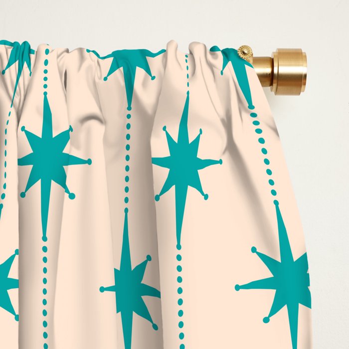 Midcentury Stars and Dots Pattern in Turquoise Teal and Cream Window Curtain Gallery Image 2