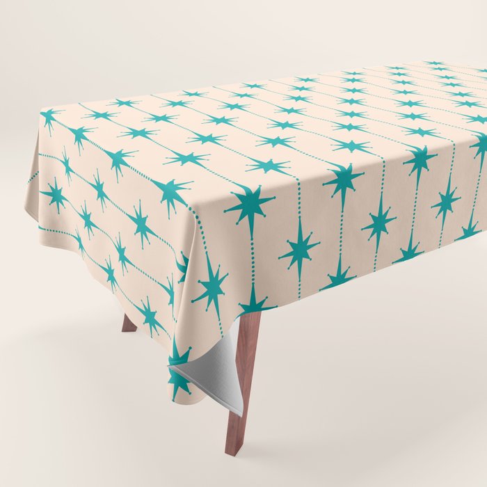 Midcentury Stars and Dots Pattern in Turquoise Teal and Cream Tablecloth Gallery Image 1