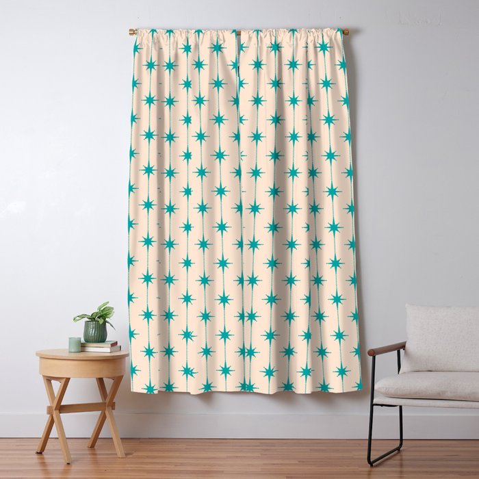 Midcentury Stars and Dots Pattern in Turquoise Teal and Cream Window Curtain Gallery Image 5