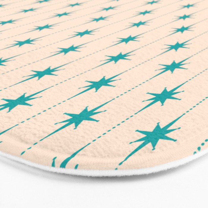Midcentury Stars and Dots Pattern in Turquoise Teal and Cream Bath Mat Gallery Image 3